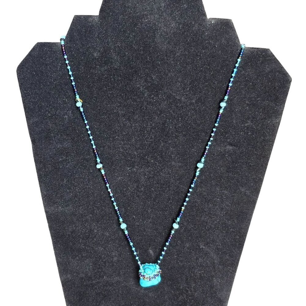 Native American Handcrafted Genuine Turquoise Pendant 28" Necklace Glass AB Bead - Picture 7 of 7